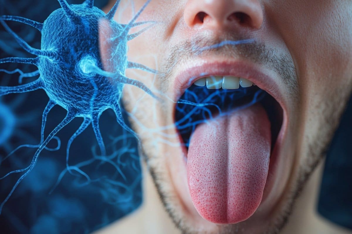 This shows a person sticking out their tongue and neurons.