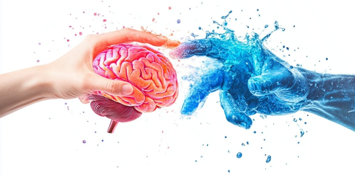 This shows a hand holding a brain and another reaching out to touch it.