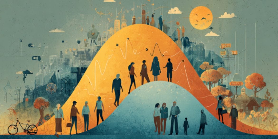 This shows people walking up and down hills.