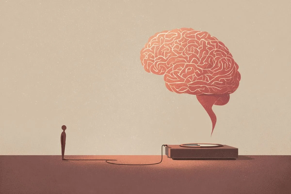 This illustration shows a brain on top of a weighting scale, representing the neural pathway associated with weight loss.
